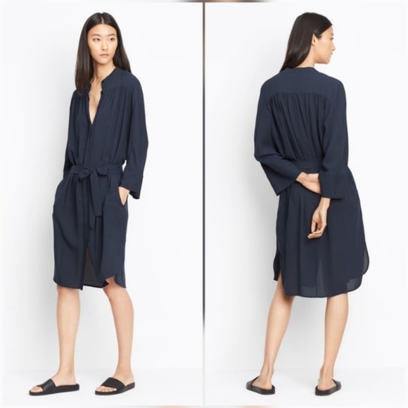 navy silk shirt dress